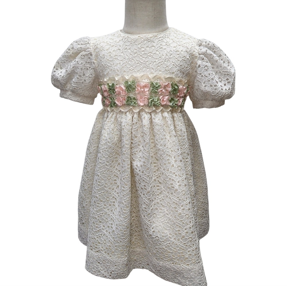Vintage Lace Flower Girl Dress 4T Ivory Puff Sleeve Wedding Toddler Sylvia Whyte